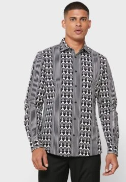 RIVER ISLAND Geo Stripe Regular Fit Shirt