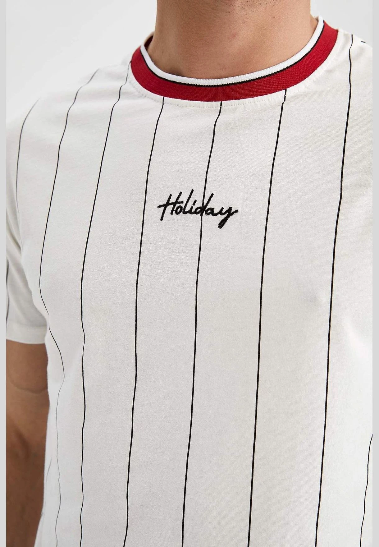 DeFacto Regular Fit Short Sleeve Striped Slogan Print T-Shirt 6 DeFacto Regular Fit Short Sleeve Striped Slogan Print T-Shirt - Image 4